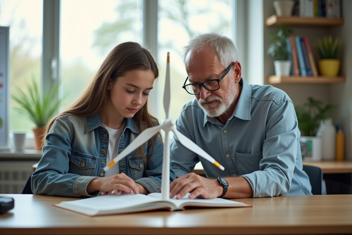 Jeune fille et homme examinent une maquette d eolienne en classe