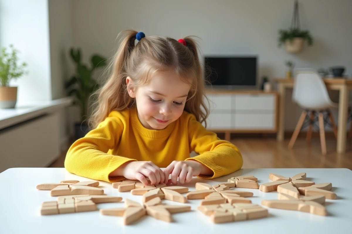 Fille concentrée sur un puzzle en bois sur un bureau blanc
