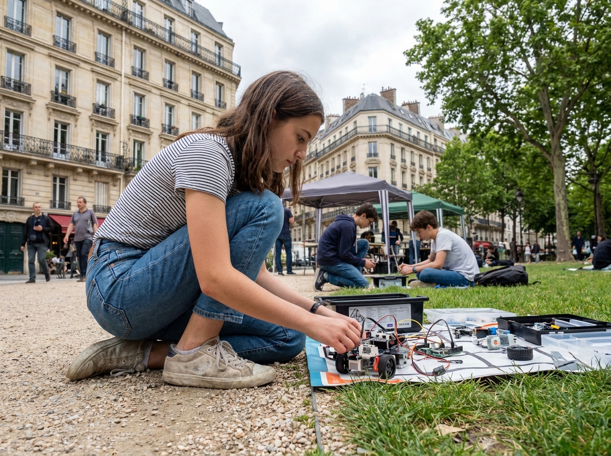 Jeune fille en ville manipulant un kit robotique dans un parc
