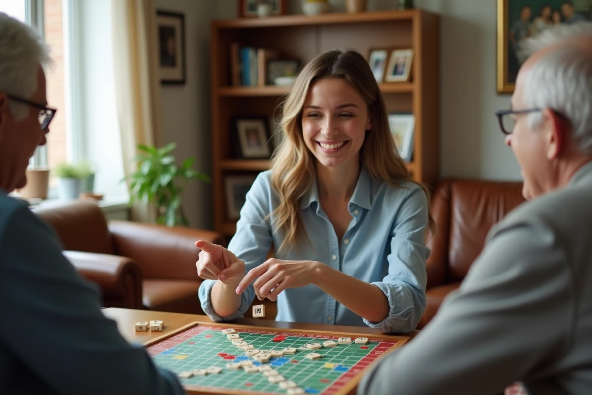 Jeune femme jouant au Scrabble avec un proche dans le salon