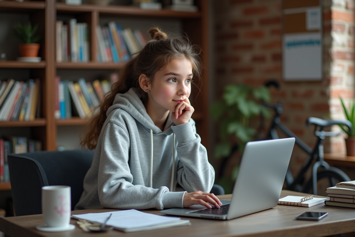 Fille adolescente travaillant sur son ordinateur à la maison