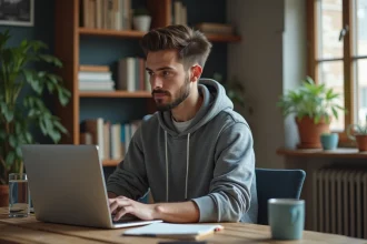 Jeune homme en hoodie regarde un site manga sur son ordinateur
