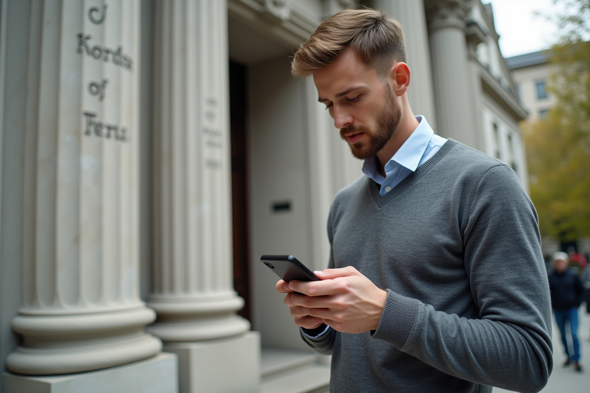Jeune homme avec smartphone devant un palais de justice