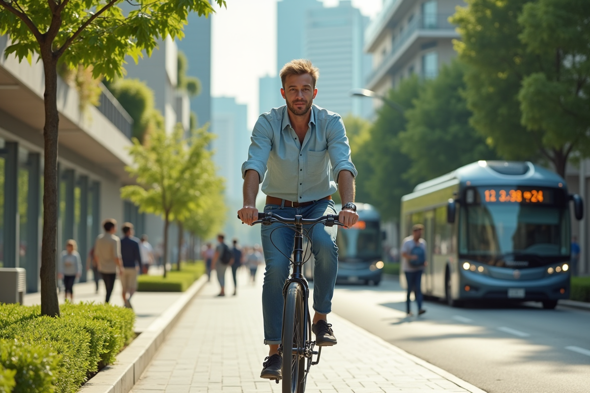 Jeune homme à vélo dans une ville verte et moderne