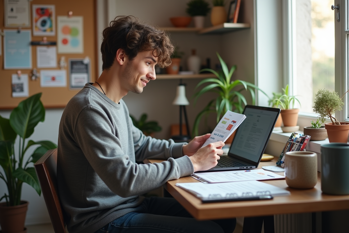 Jeune homme au domicile vérifiant ses chiffres de salaire