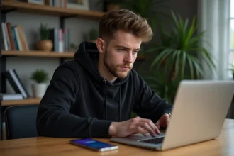 Jeune homme concentré utilisant un ordinateur portable dans un intérieur moderne
