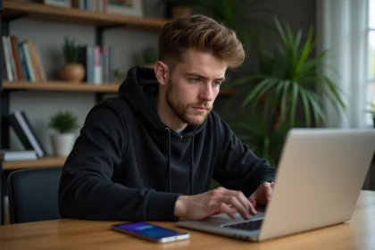 Jeune homme concentr&eacute; utilisant un ordinateur portable dans un int&eacute;rieur moderne