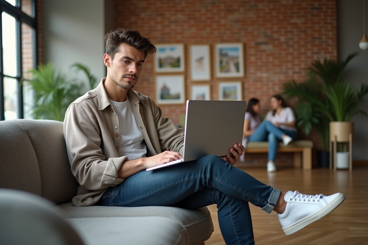 Jeune homme travaillant sur son ordinateur dans un lobby moderne