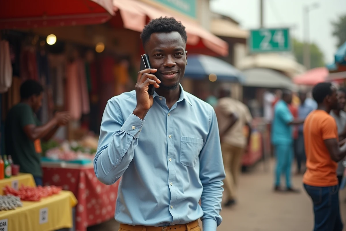 Jeune homme nigérian au marché en train de composer un numéro