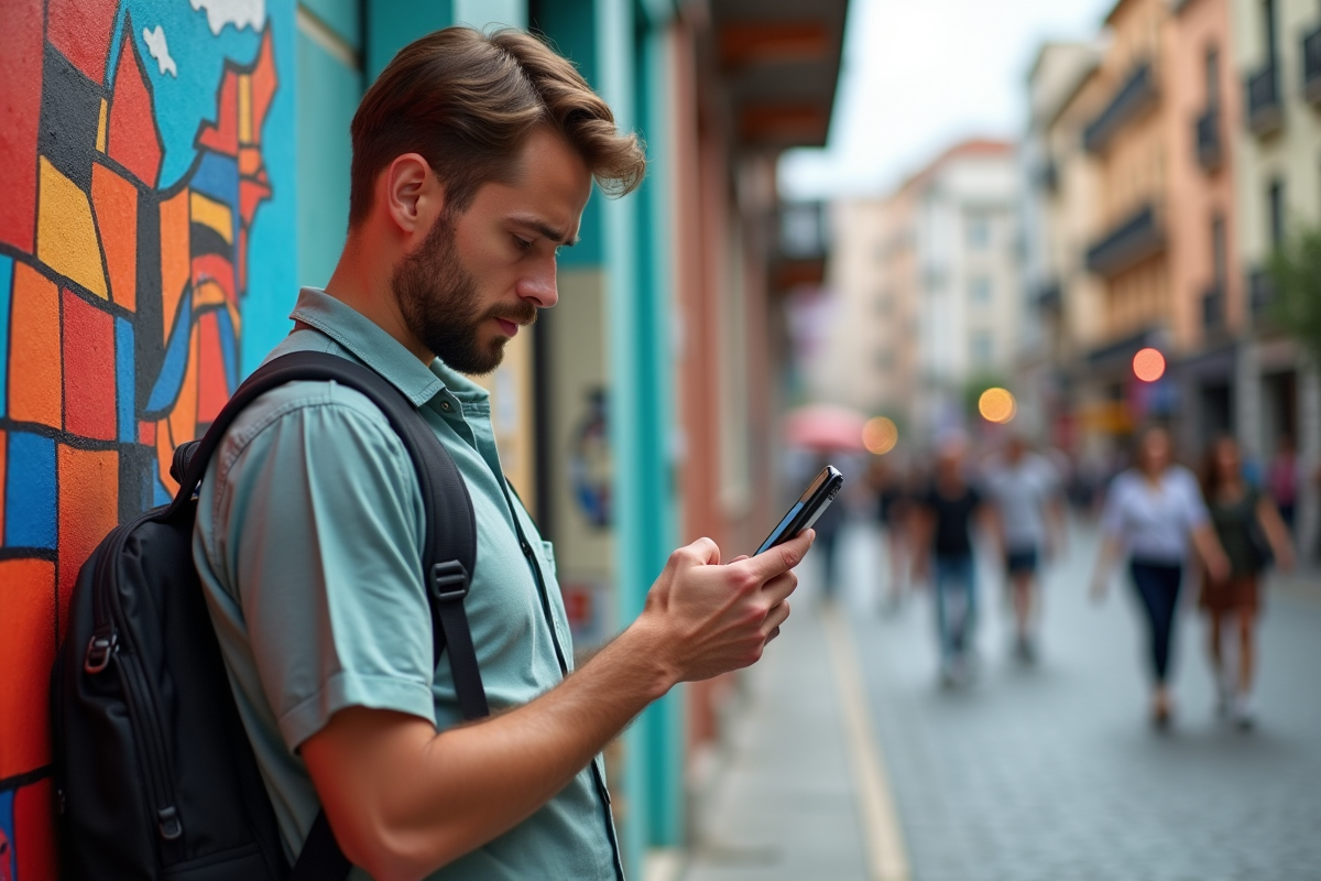 Jeune homme consulte son smartphone devant un mur urbain