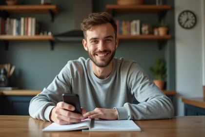 Jeune homme planifiant sa journ&eacute;e avec smartphone et carnet