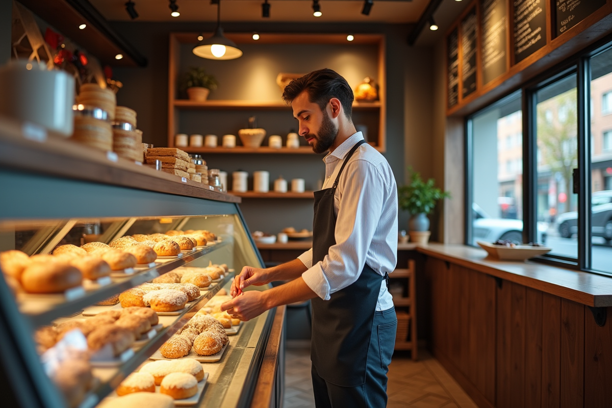 Jeune homme organisant des pâtisseries dans une boulangerie