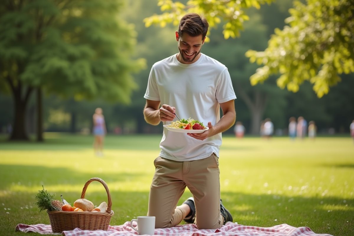 Jeune homme détendu avec un plat sain en plein air dans un parc
