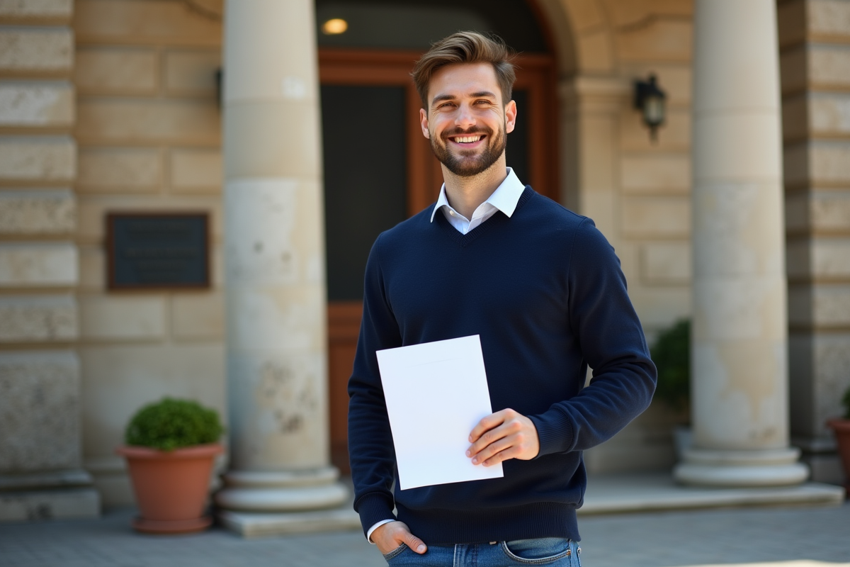 Jeune homme souriant avec lettre devant mairie