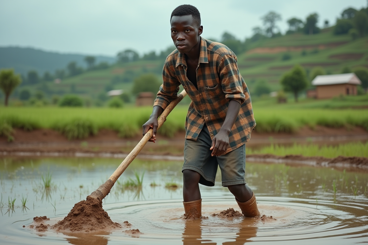 Jeune homme burundais travaillant dans un riziculteur