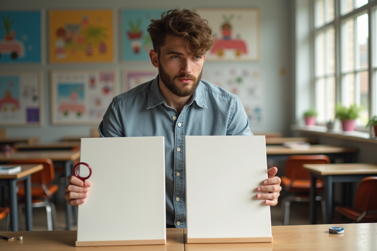 Jeune homme montre deux toiles dans une salle d