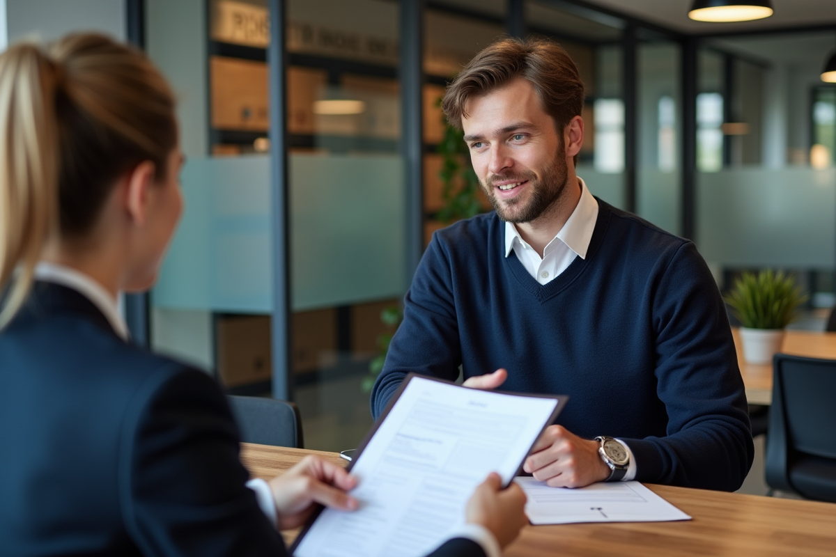 Jeune homme vérifiant des papiers avec un notaire dans un bureau moderne