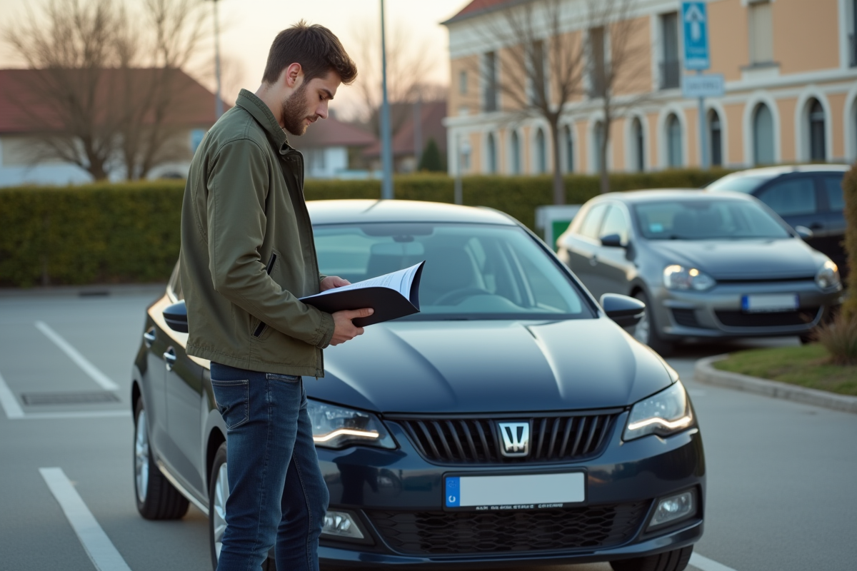 Jeune homme examinant sa voiture dans un parking