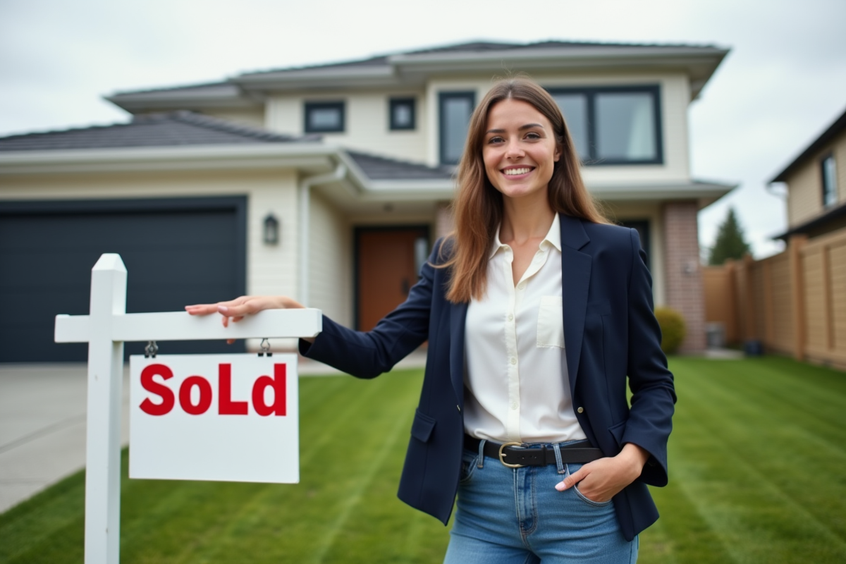 Jeune femme souriante devant une maison avec panneau vendu