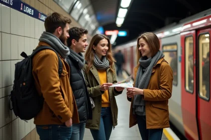 Groupe d'&eacute;tudiants dans le m&eacute;tro parisien en automne