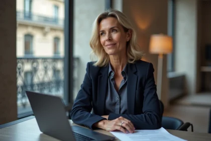 Journaliste professionnelle réfléchissant à son parcours personnel dans un bureau éditorial parisien moderne