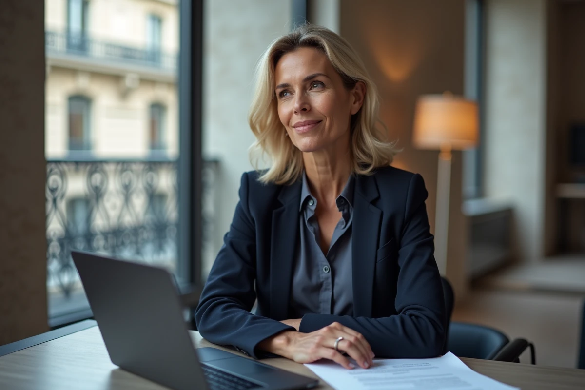 Journaliste professionnelle réfléchissant à son parcours personnel dans un bureau éditorial parisien moderne