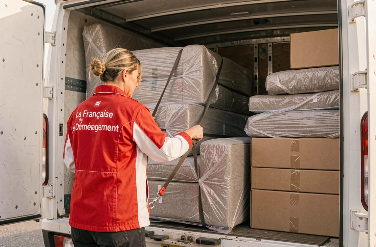 Déménageuse de La Française de Déménagement organisant des meubles dans le camion avec des sangles