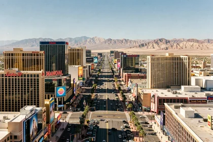 Vue panoramique du Strip de Las Vegas avec ses hôtels emblématiques et la montagne du Nevada en arrière-plan