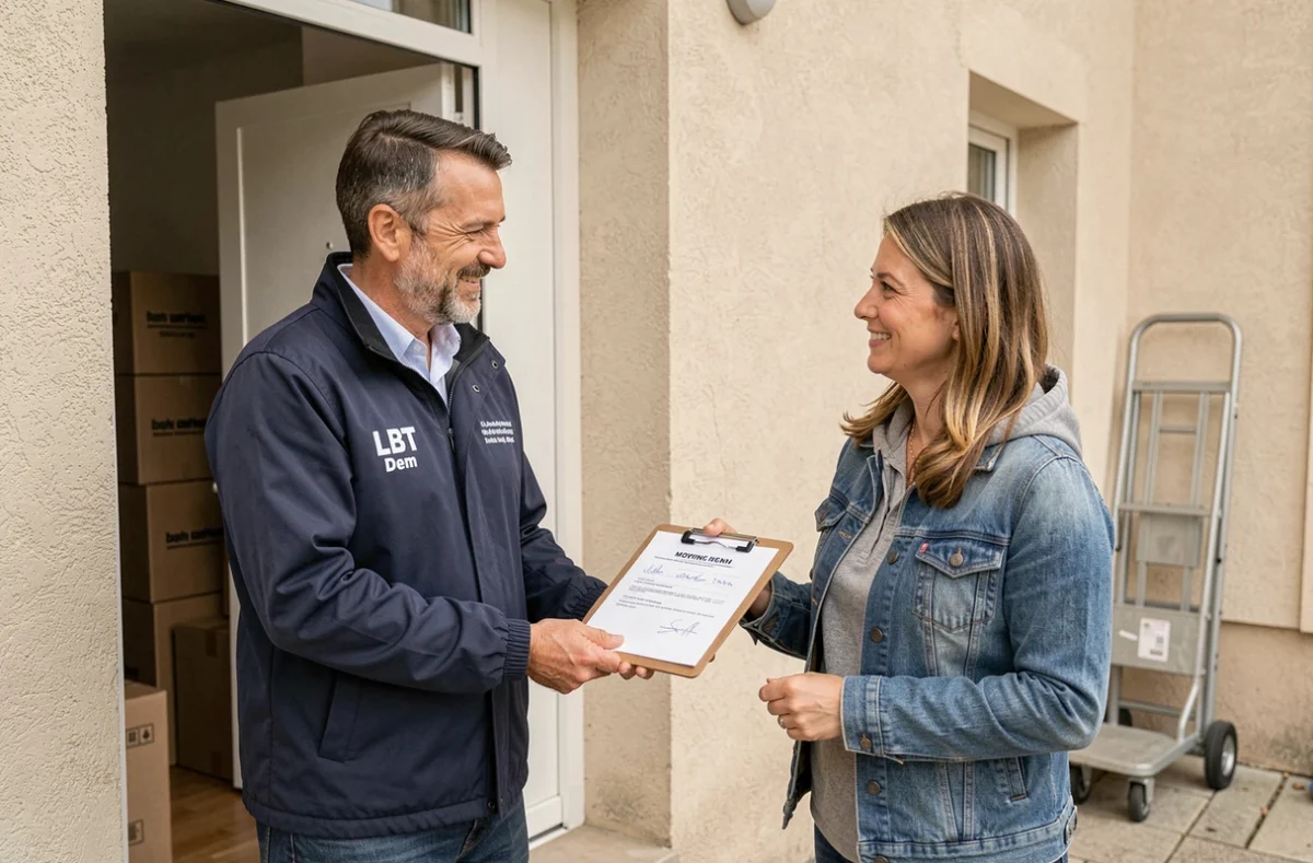 Déménageur LBT Dem remettant un reçu signé à une cliente satisfaite devant son appartement à Aubervilliers