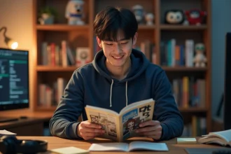 Jeune homme lisant un scan manga de qualité sur son bureau avec des pages nettes et lisibles