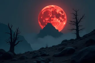 Lune démoniaque rouge sang se levant derrière une silhouette de montagne dentelée dans un ciel nocturne dramatique