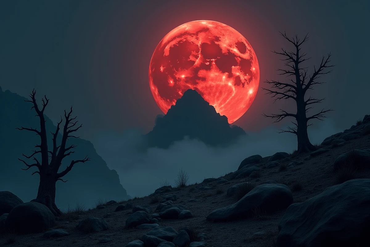 Lune démoniaque rouge sang se levant derrière une silhouette de montagne dentelée dans un ciel nocturne dramatique
