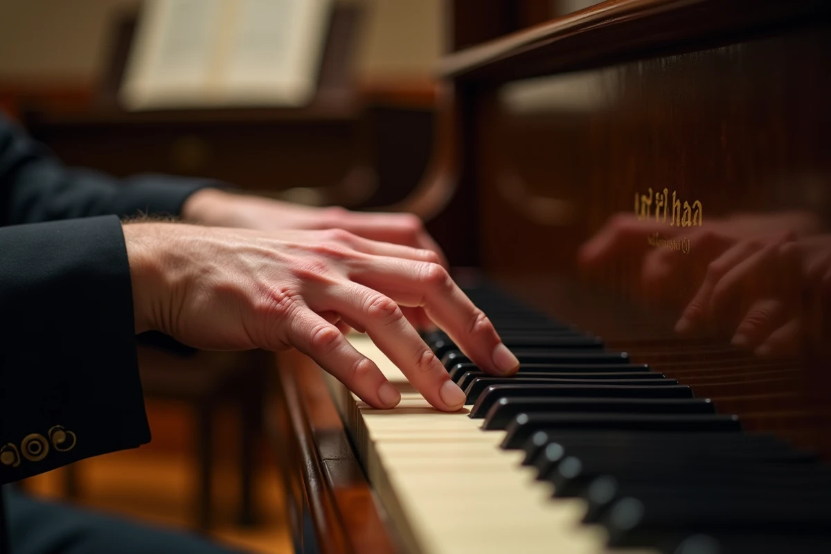 Gros plan sur les mains d'un pianiste jouant un accord complexe sur une partition avancée de Let It Be