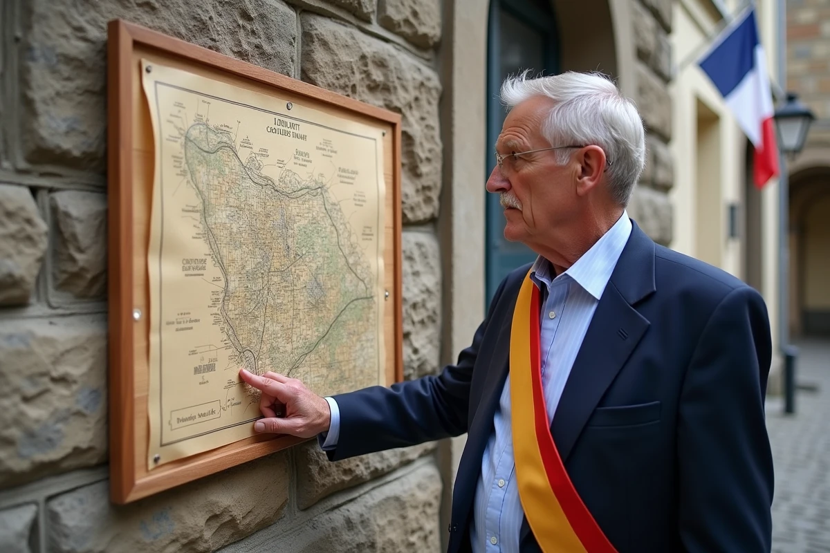 Maire d'un village français en écharpe tricolore montrant une carte cadastrale avec des lieux-dits devant la mairie