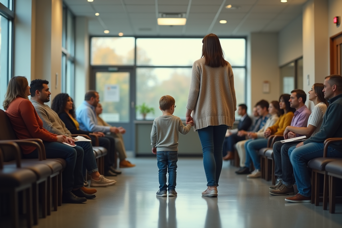 Une mère et son fils attendent dans un bureau officiel