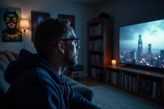 Passionné de cinéma organisant un marathon de films Batman dans une salle home cinéma