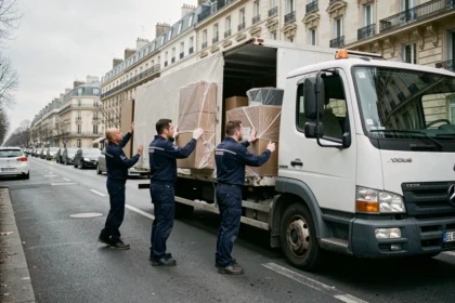 Équipe de déménageurs professionnels chargeant un camion blanc dans une rue d'Aubervilliers