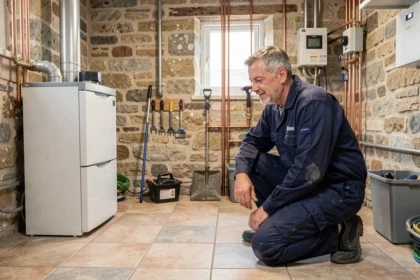 Chauffagiste professionnel en Ille-et-Vilaine intervenant sur une chaudière moderne dans une maison bretonne