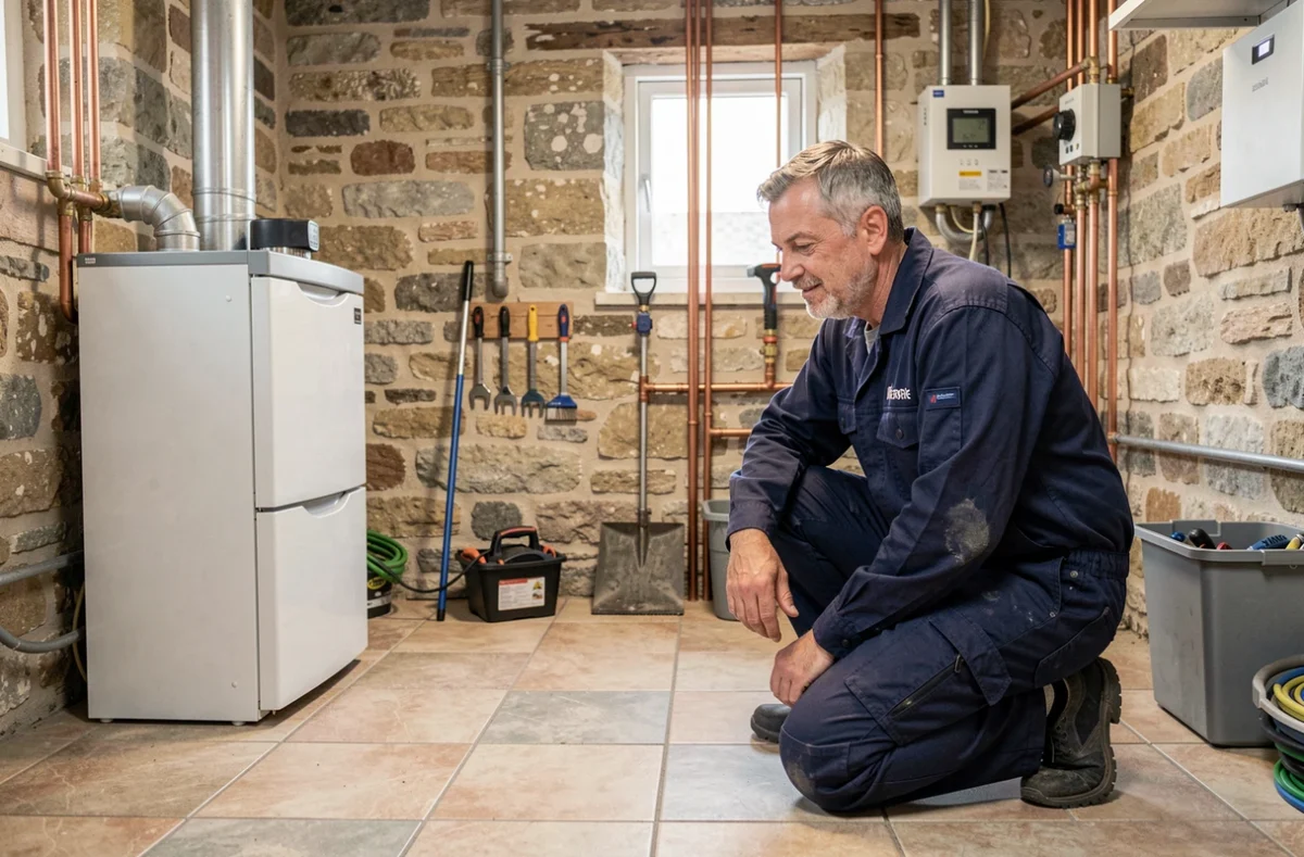 Chauffagiste professionnel en Ille-et-Vilaine intervenant sur une chaudière moderne dans une maison bretonne