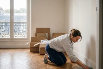 Femme faisant le ménage après un déménagement dans un appartement vide à Versailles, nettoyant les plinthes avec un chiffon microfibre