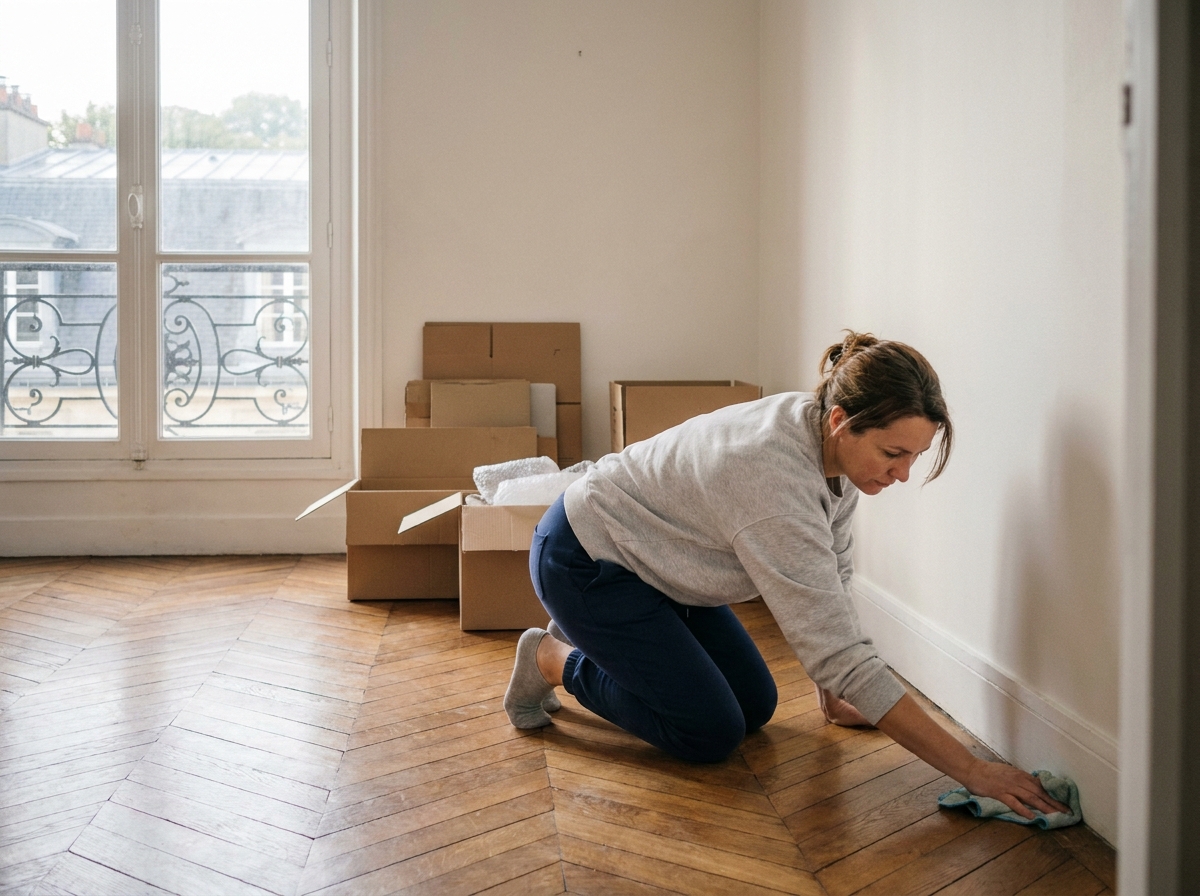 Femme faisant le ménage après un déménagement dans un appartement vide à Versailles, nettoyant les plinthes avec un chiffon microfibre