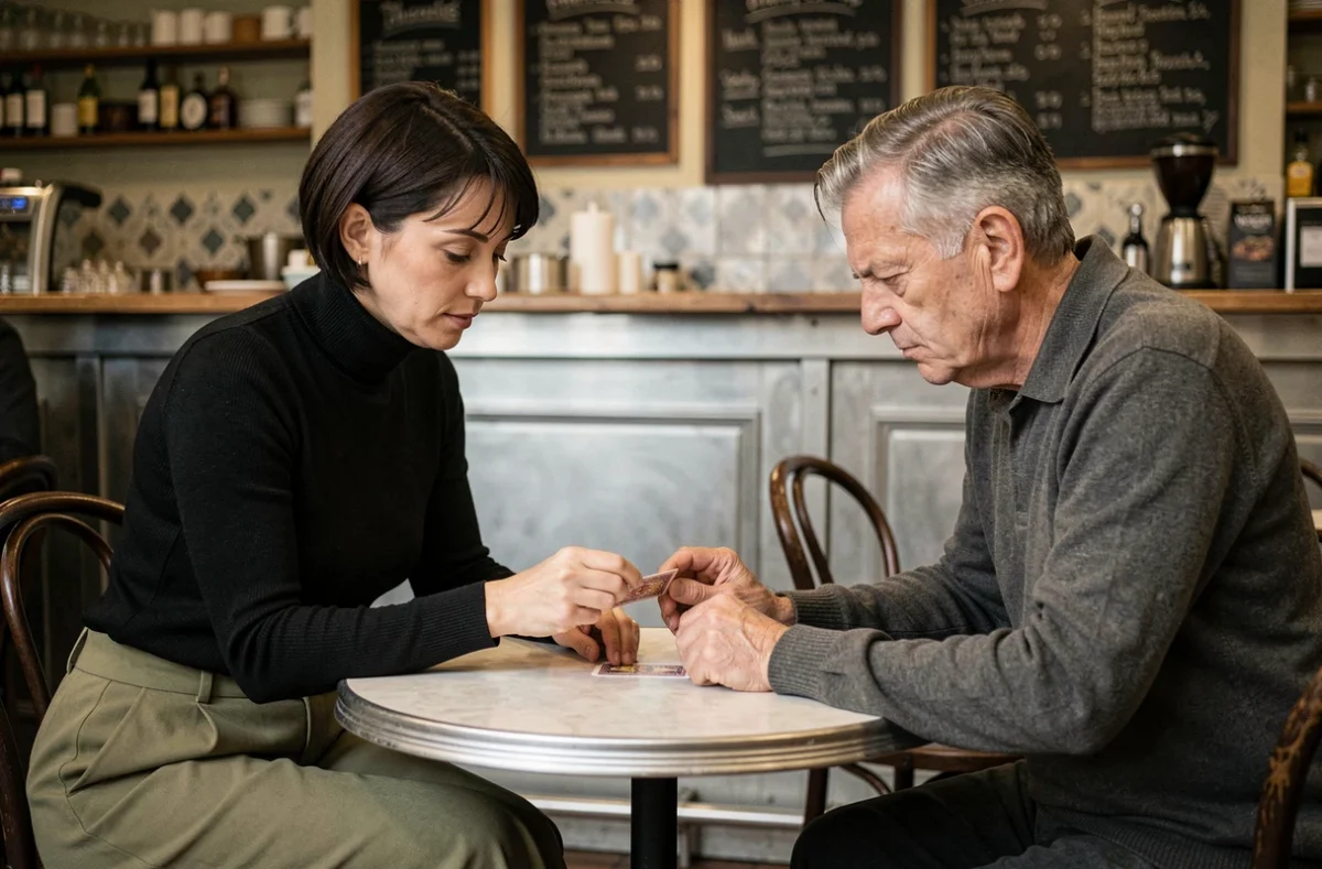 Mentaliste féminine réalisant une lecture de cartes en face d'un spectateur intrigué dans un bistrot parisien authentique