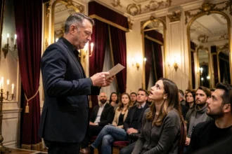 Mentaliste parisien sur scène tenant une enveloppe face à un spectateur stupéfait dans un salon haussmannien aux rideaux de velours rouge
