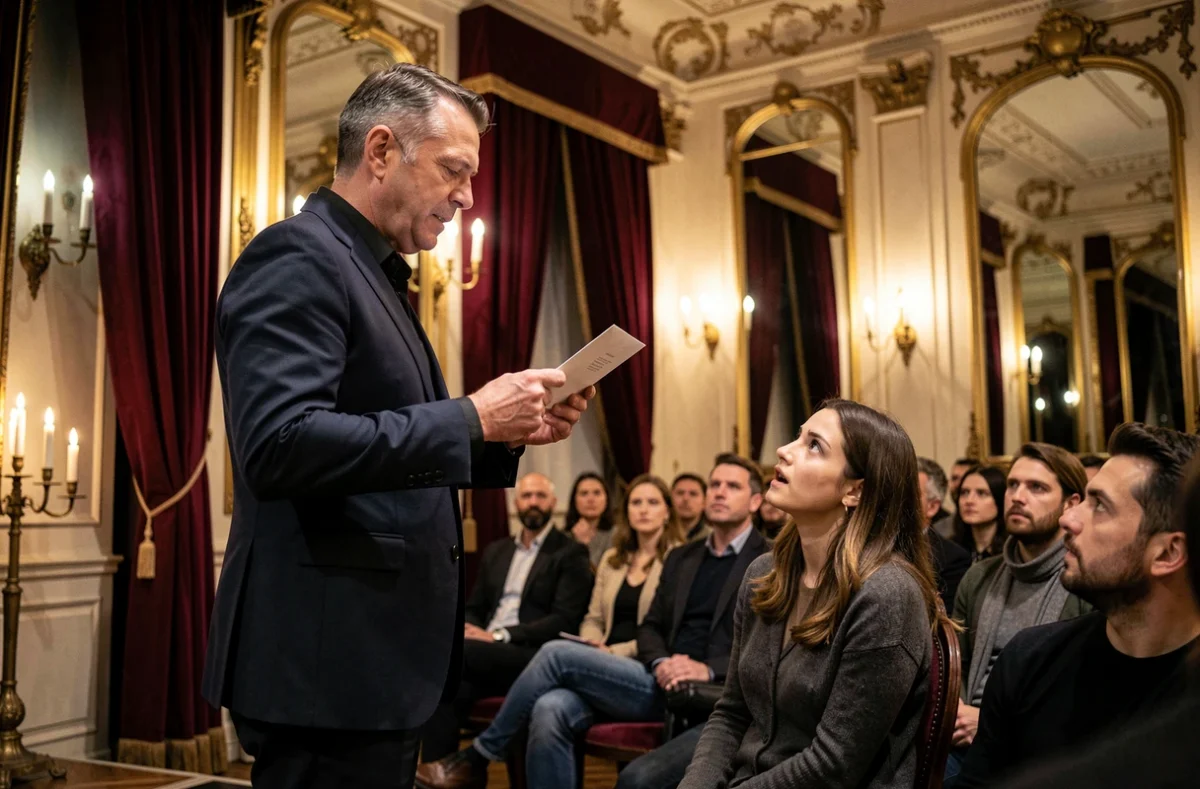 Mentaliste parisien sur scène tenant une enveloppe face à un spectateur stupéfait dans un salon haussmannien aux rideaux de velours rouge