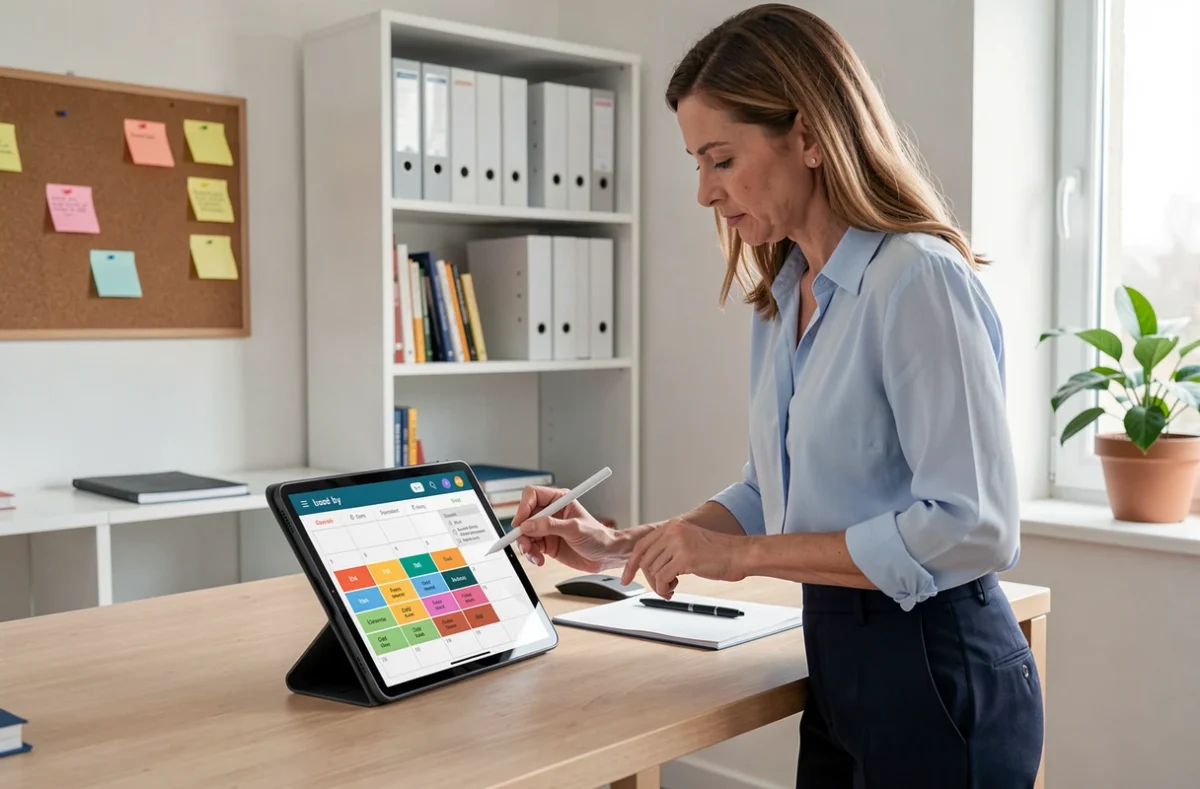 Mère consultant un calendrier numérique de garde alternée semaine paire sur tablette dans un bureau à domicile