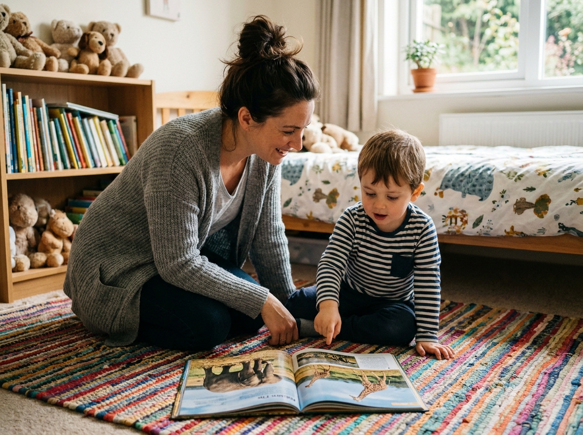 Mère et jeune enfant découvrant ensemble un magazine jeunesse sur la nature dans une chambre d'enfant colorée