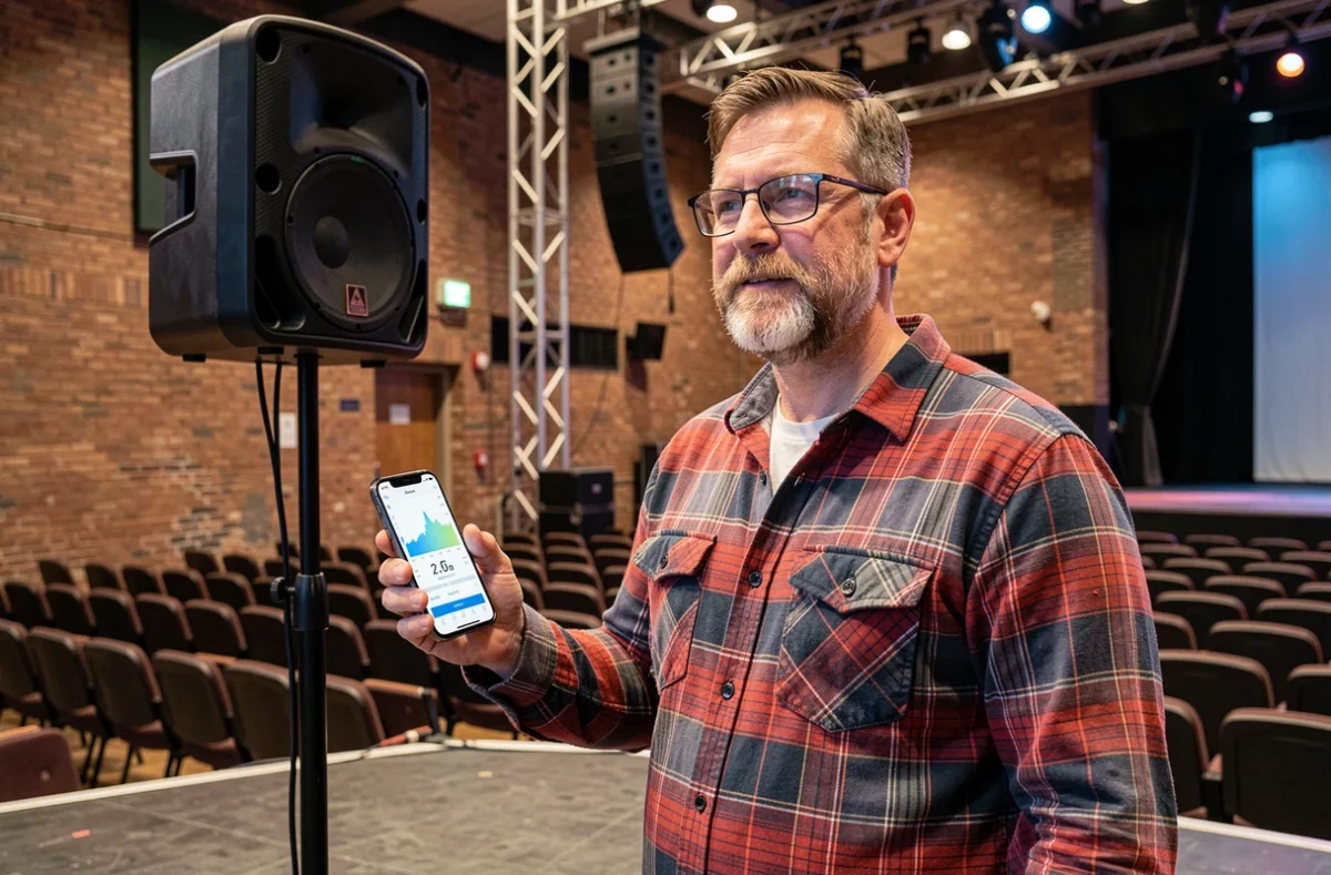 Musicien mesurant le volume sonore en décibels sur smartphone lors d'une balance sur scène de concert