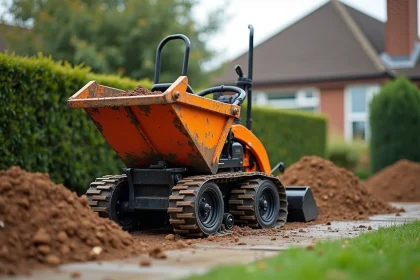 Mini dumper compact sur un chemin de jardin résidentiel avec tas de terre et gravier, maison en arrière-plan flou