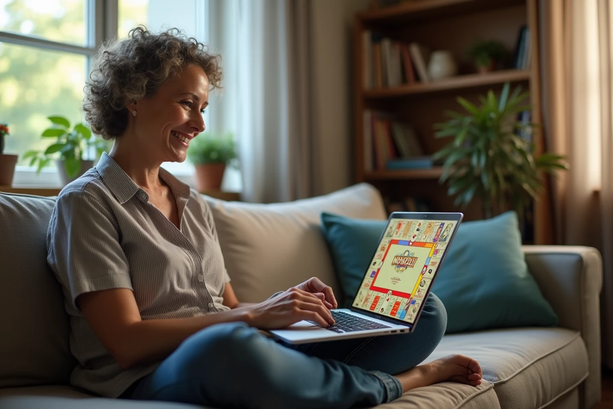 Femme jouant à Monopoly en ligne gratuitement depuis son navigateur sur un laptop dans un salon confortable