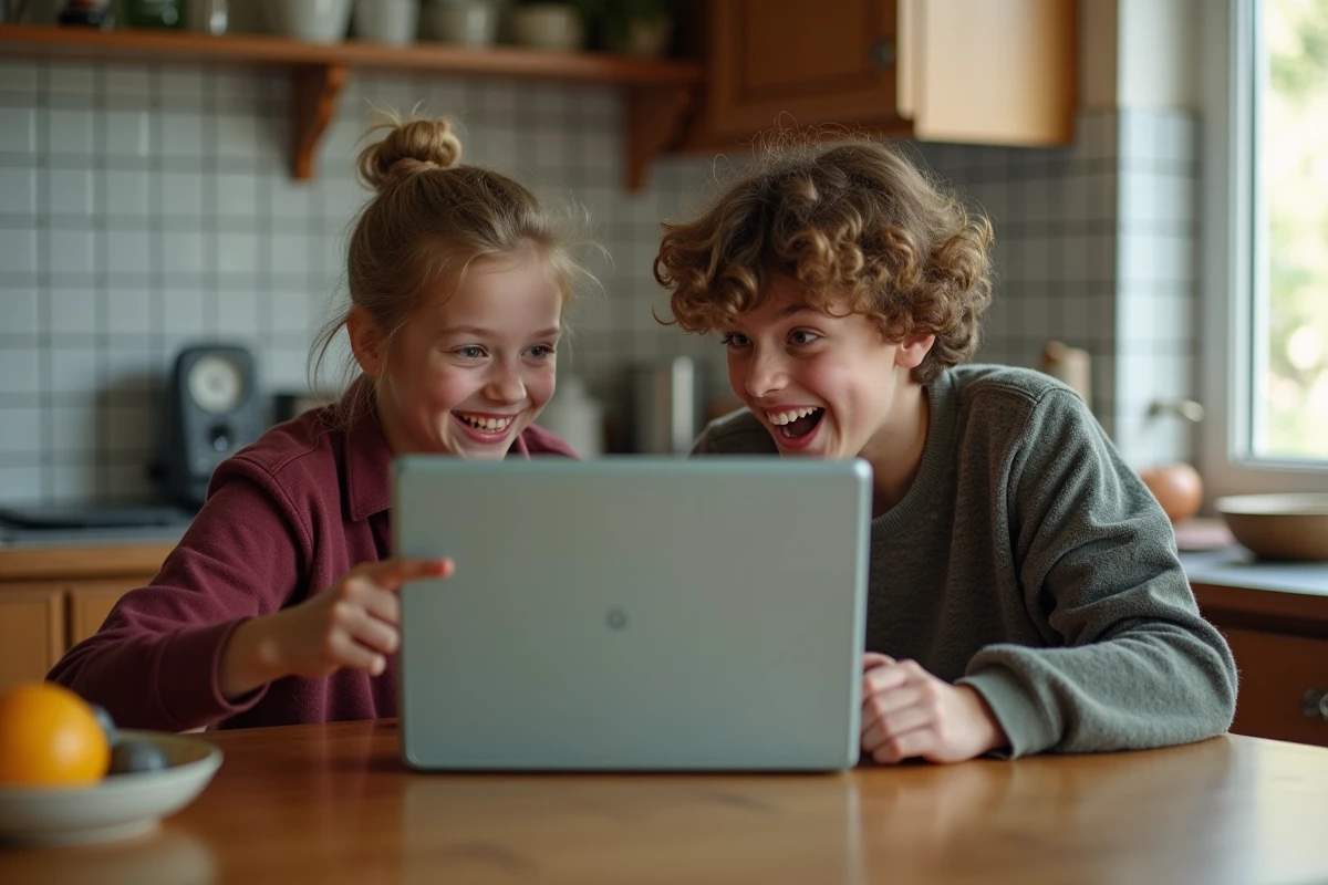 Deux adolescents jouant ensemble à Monopoly gratuit en ligne depuis un vieux navigateur sur ordinateur portable